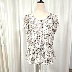 2/$30 Simply‎ Vera White & Grey Floral Print Blouse Womens Size L Ruffles Summer